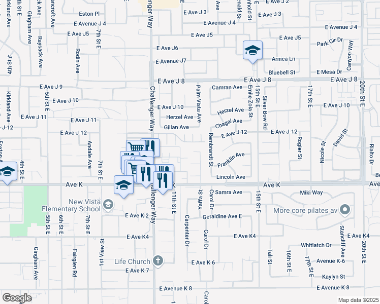 map of restaurants, bars, coffee shops, grocery stores, and more near 1123 Amorosa Drive in Lancaster