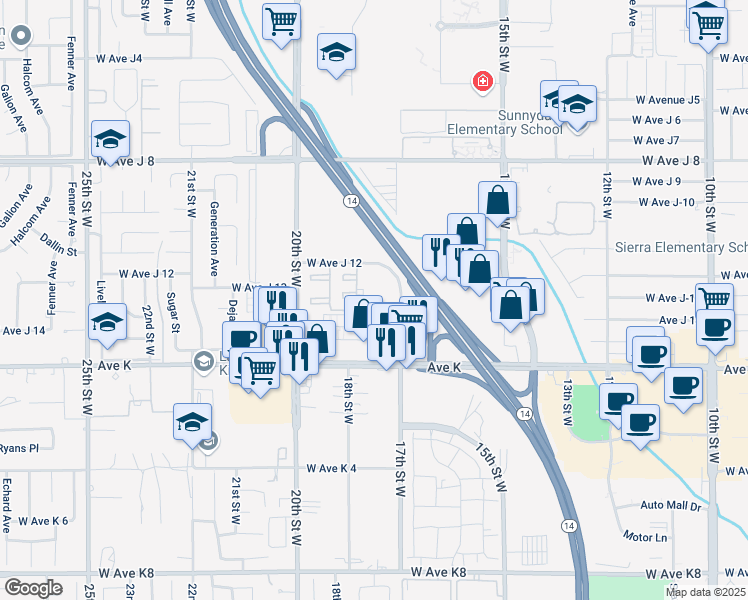 map of restaurants, bars, coffee shops, grocery stores, and more near 43719 17th Street West in Lancaster