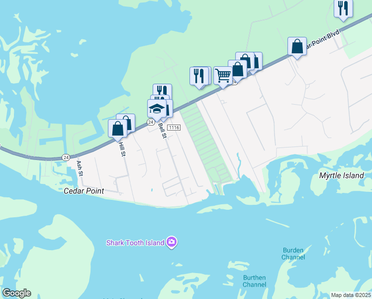 map of restaurants, bars, coffee shops, grocery stores, and more near 650 Cedar Point Boulevard in Cedar Point