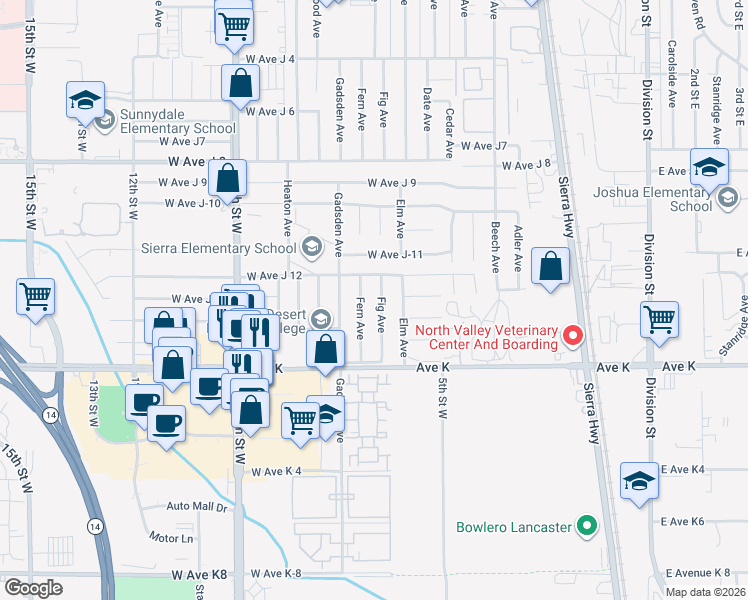 map of restaurants, bars, coffee shops, grocery stores, and more near 43729 Fig Avenue in Lancaster
