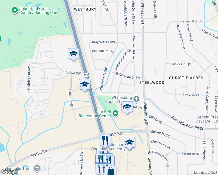 map of restaurants, bars, coffee shops, grocery stores, and more near 617 Drummond Road Southwest in Huntsville