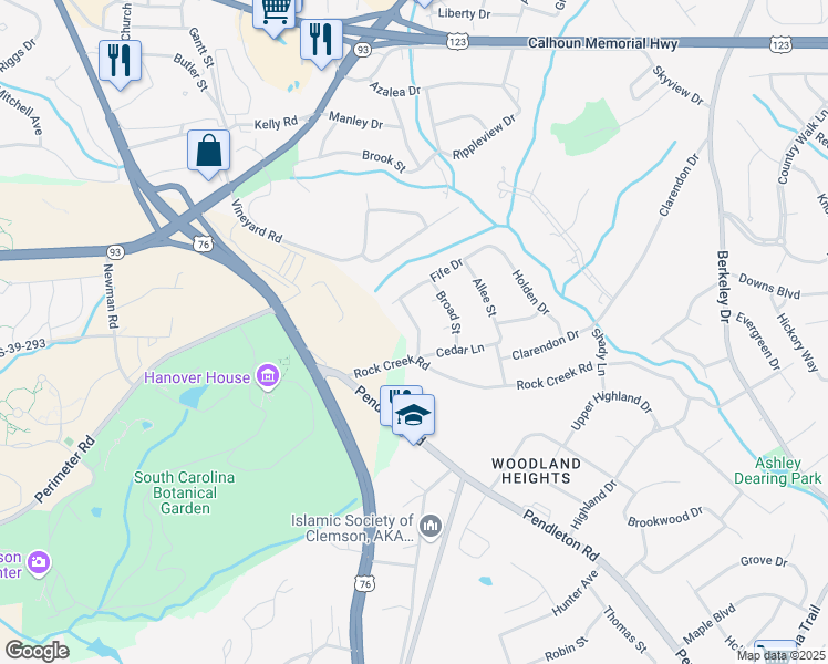 map of restaurants, bars, coffee shops, grocery stores, and more near 102 Ridgeview Drive in Clemson