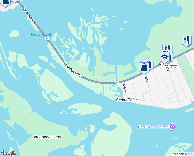 map of restaurants, bars, coffee shops, grocery stores, and more near 116 Cedar Ln in Cedar Point