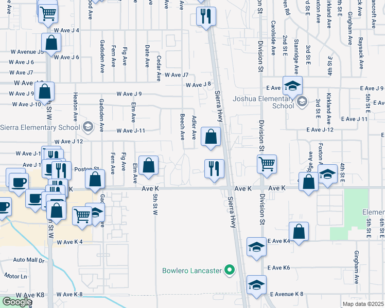 map of restaurants, bars, coffee shops, grocery stores, and more near 43707 Sierra Highway in Lancaster