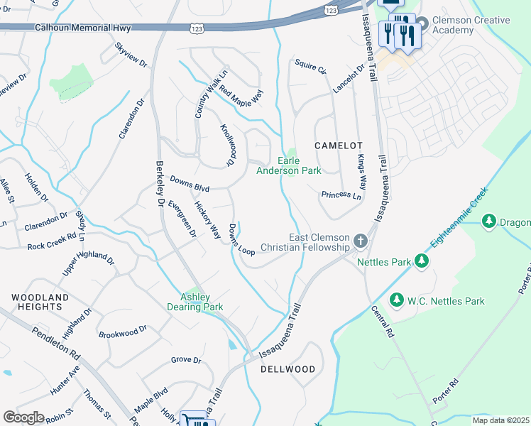 map of restaurants, bars, coffee shops, grocery stores, and more near 500 Downs Loop in Clemson
