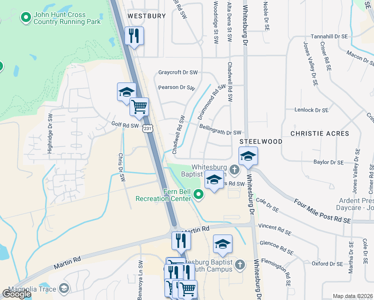 map of restaurants, bars, coffee shops, grocery stores, and more near 617 Drummond Road Southwest in Huntsville