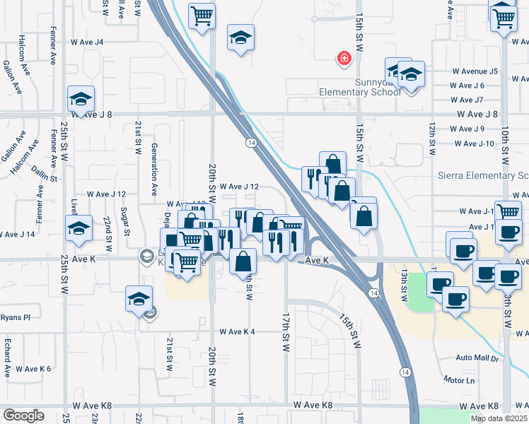 map of restaurants, bars, coffee shops, grocery stores, and more near 43719 17th Street West in Lancaster