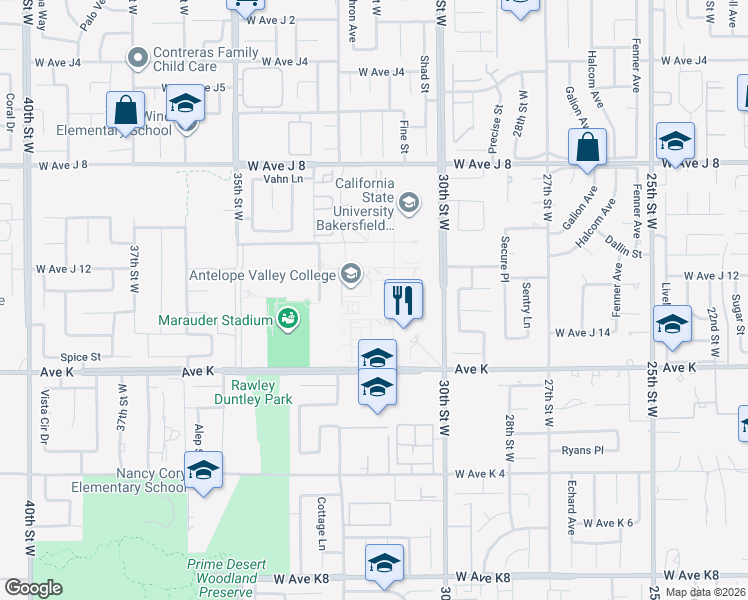 map of restaurants, bars, coffee shops, grocery stores, and more near 3041 West Avenue K in Lancaster