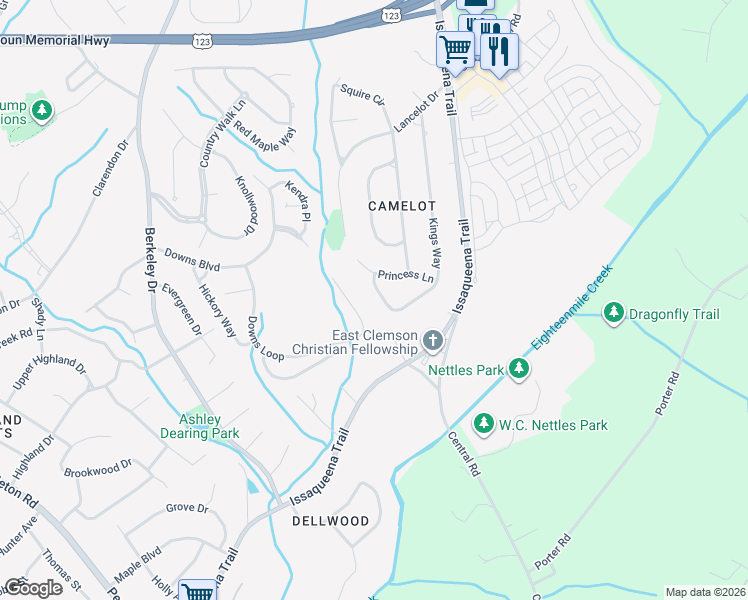 map of restaurants, bars, coffee shops, grocery stores, and more near 608 Downs Loop in Clemson