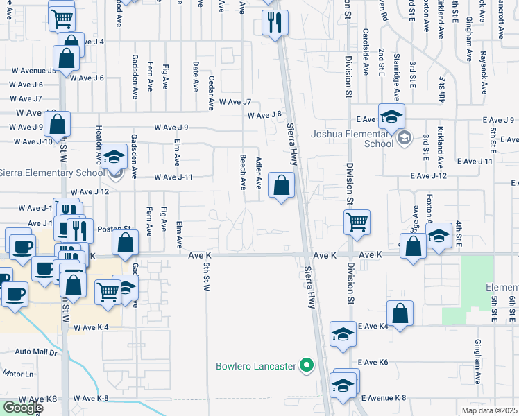 map of restaurants, bars, coffee shops, grocery stores, and more near 314 West Avenue J13 in Lancaster