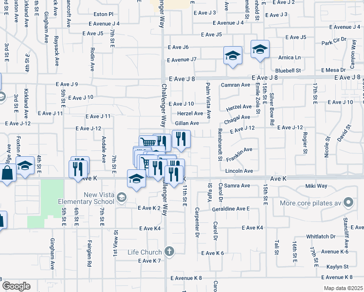 map of restaurants, bars, coffee shops, grocery stores, and more near 43732 Challenger Way in Lancaster
