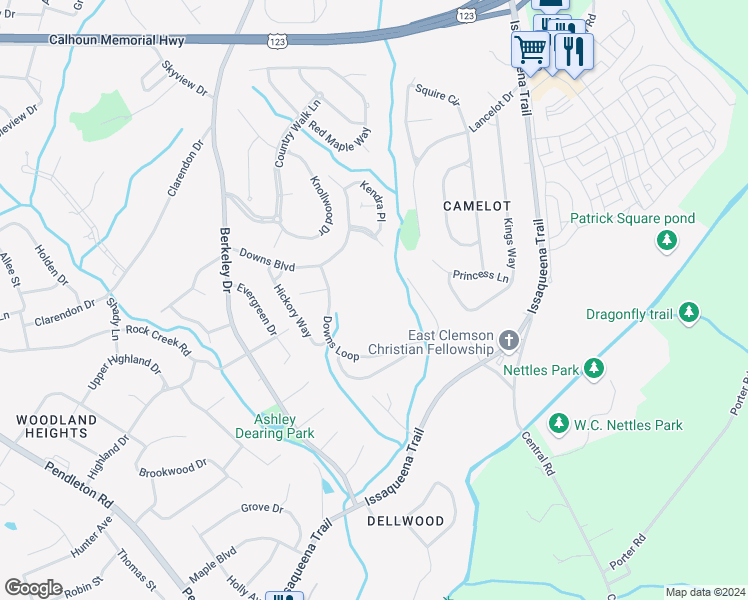 map of restaurants, bars, coffee shops, grocery stores, and more near 500 Downs Loop in Clemson
