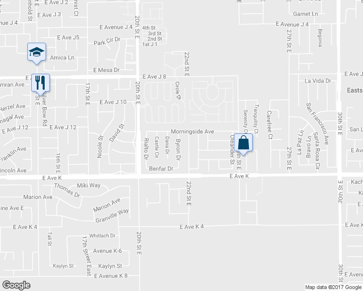 map of restaurants, bars, coffee shops, grocery stores, and more near 43718 Byron Drive in Lancaster