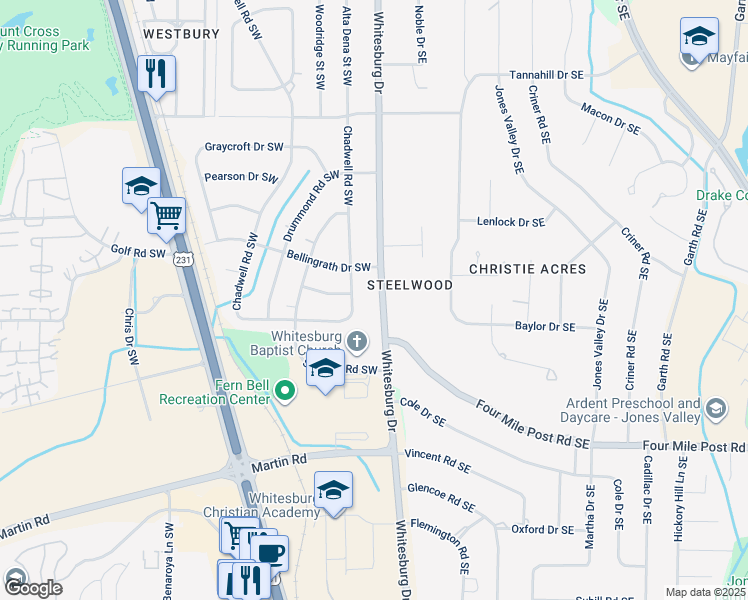 map of restaurants, bars, coffee shops, grocery stores, and more near 6508 Whitesburg Drive in Huntsville