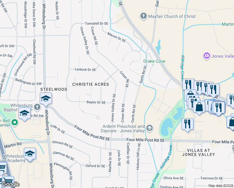 map of restaurants, bars, coffee shops, grocery stores, and more near 6818 Criner Road Southeast in Huntsville