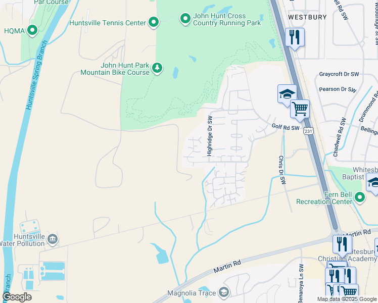 map of restaurants, bars, coffee shops, grocery stores, and more near 4014 Hunters Ridge Drive Southwest in Huntsville
