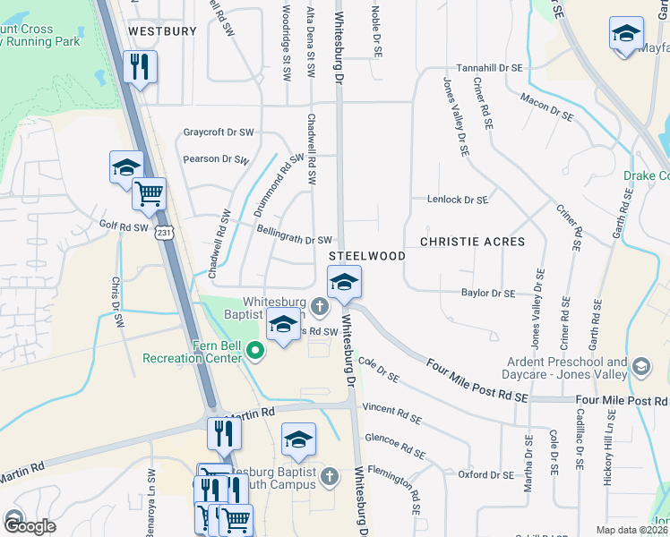 map of restaurants, bars, coffee shops, grocery stores, and more near 6508 Whitesburg Drive in Huntsville