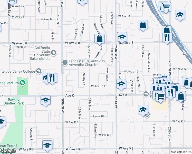 map of restaurants, bars, coffee shops, grocery stores, and more near 43745 Waddington Avenue in Lancaster