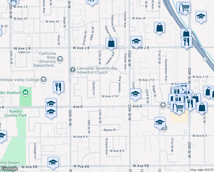 map of restaurants, bars, coffee shops, grocery stores, and more near 43745 Waddington Avenue in Lancaster
