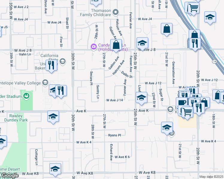 map of restaurants, bars, coffee shops, grocery stores, and more near 43745 Waddington Avenue in Lancaster