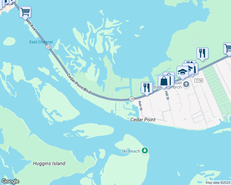 map of restaurants, bars, coffee shops, grocery stores, and more near 307 Cedar Point Boulevard in Cedar Point