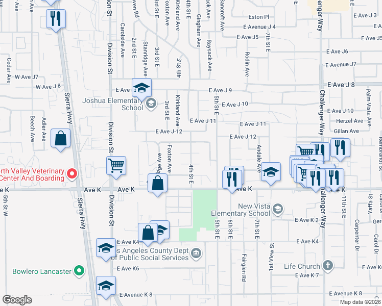 map of restaurants, bars, coffee shops, grocery stores, and more near 4th Street East in Lancaster