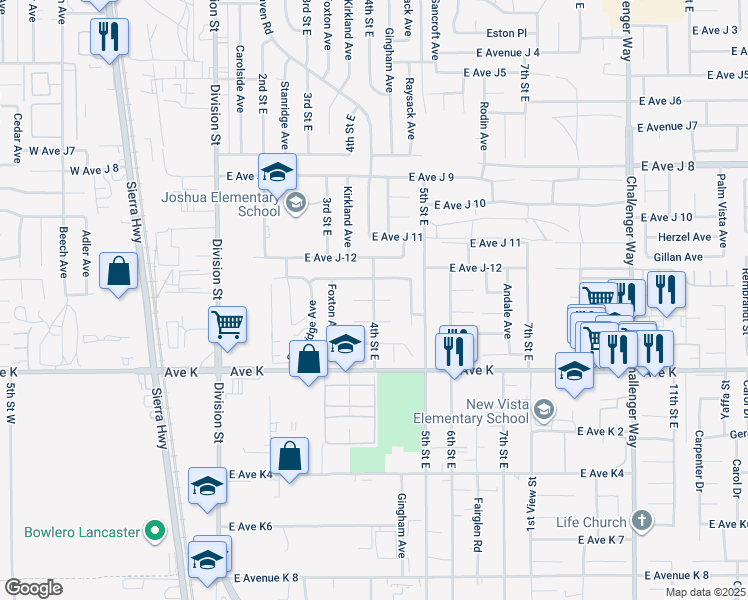 map of restaurants, bars, coffee shops, grocery stores, and more near 4th Street East in Lancaster