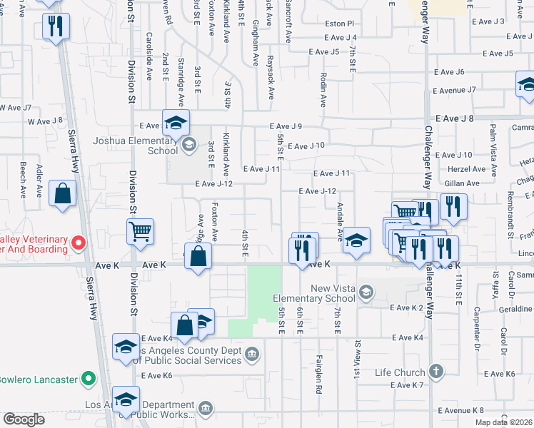 map of restaurants, bars, coffee shops, grocery stores, and more near 43737 Raysack Avenue in Lancaster