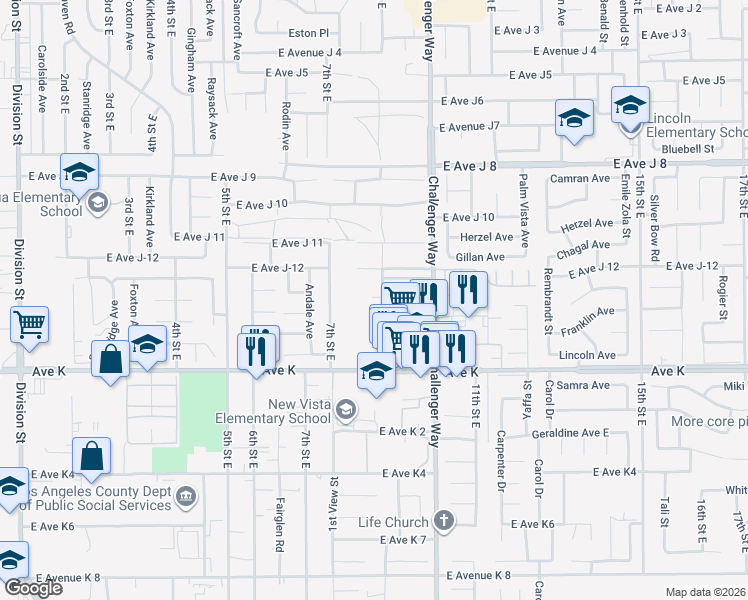 map of restaurants, bars, coffee shops, grocery stores, and more near 43721 8th Street East in Lancaster