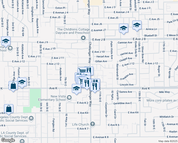 map of restaurants, bars, coffee shops, grocery stores, and more near 43719 Challenger Way in Lancaster