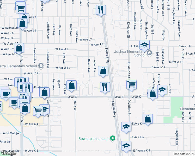 map of restaurants, bars, coffee shops, grocery stores, and more near 304 West Avenue J13 in Lancaster