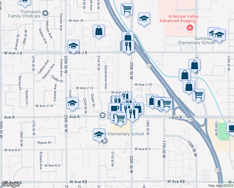 map of restaurants, bars, coffee shops, grocery stores, and more near 2040 West Avenue J13 in Lancaster