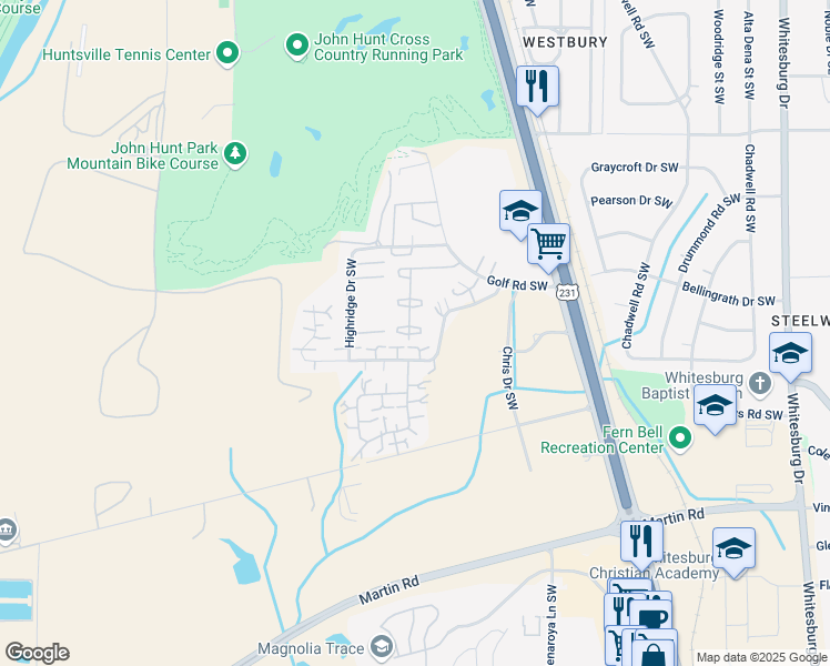 map of restaurants, bars, coffee shops, grocery stores, and more near 4039 Hunters Ridge Drive Southwest in Huntsville