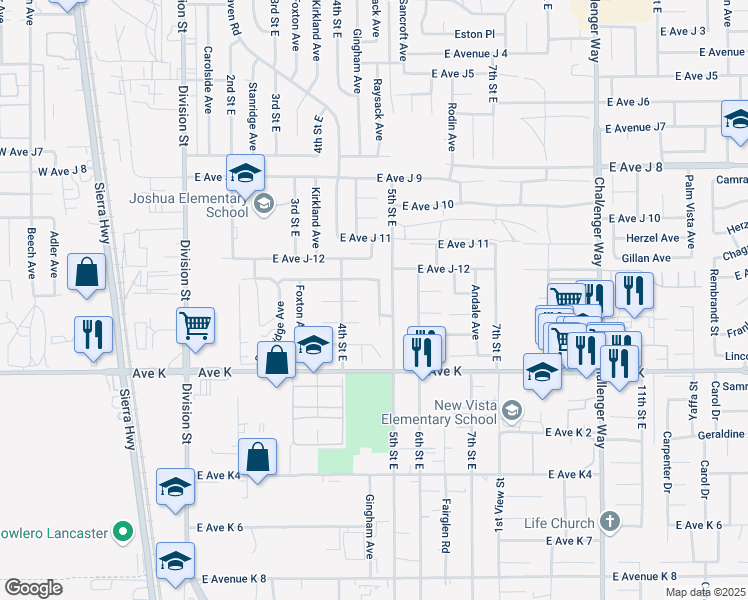 map of restaurants, bars, coffee shops, grocery stores, and more near 43737 Raysack Avenue in Lancaster