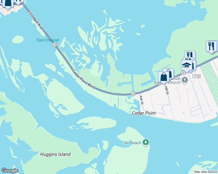 map of restaurants, bars, coffee shops, grocery stores, and more near 109 Cedar Lane in Cedar Point