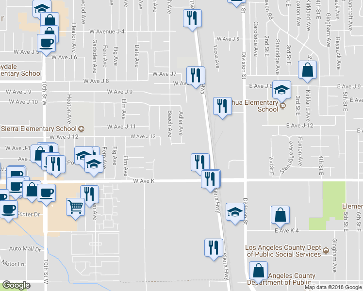 map of restaurants, bars, coffee shops, grocery stores, and more near 314 West Avenue J13 in Lancaster