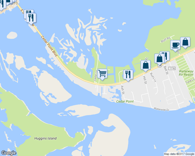 map of restaurants, bars, coffee shops, grocery stores, and more near 110 Cedar Lane in Swansboro