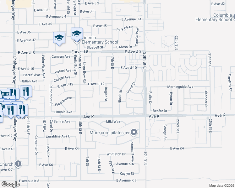 map of restaurants, bars, coffee shops, grocery stores, and more near 43727 Nicole Street in Lancaster
