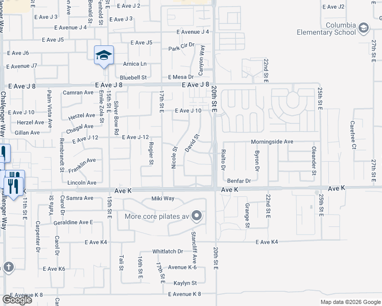 map of restaurants, bars, coffee shops, grocery stores, and more near 1821 Einstein Avenue in Lancaster