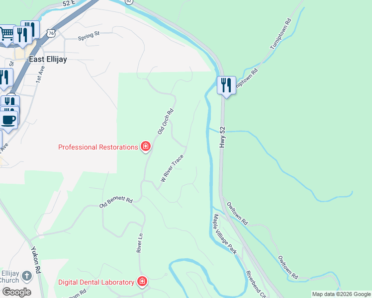 map of restaurants, bars, coffee shops, grocery stores, and more near West River Trace in Ellijay