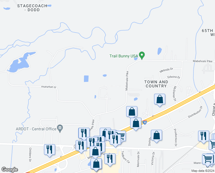 map of restaurants, bars, coffee shops, grocery stores, and more near 199 Mabelvale Drive in Little Rock