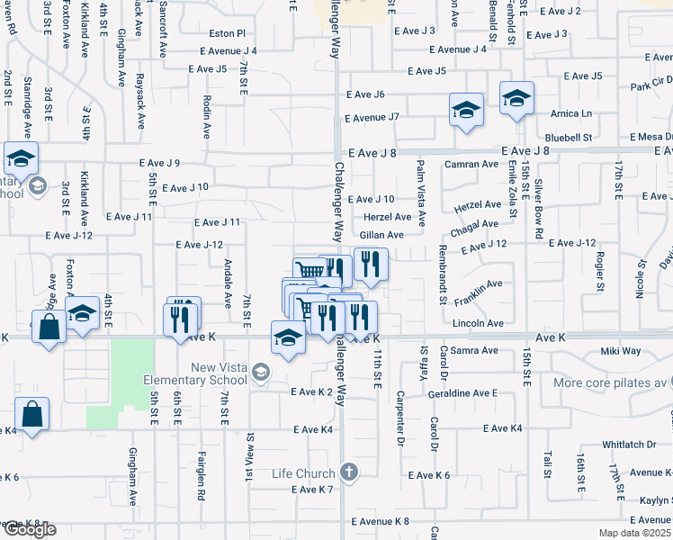 map of restaurants, bars, coffee shops, grocery stores, and more near 43707 Challenger Way in Lancaster