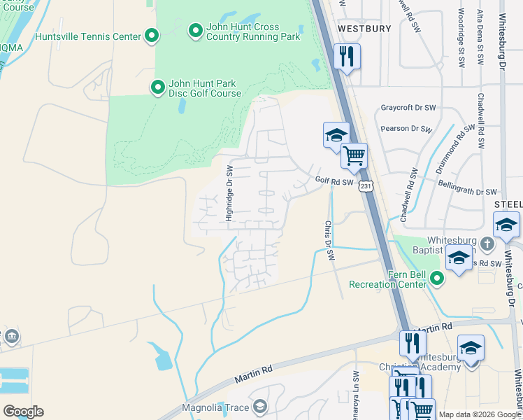 map of restaurants, bars, coffee shops, grocery stores, and more near 4039 Hunters Ridge Drive Southwest in Huntsville