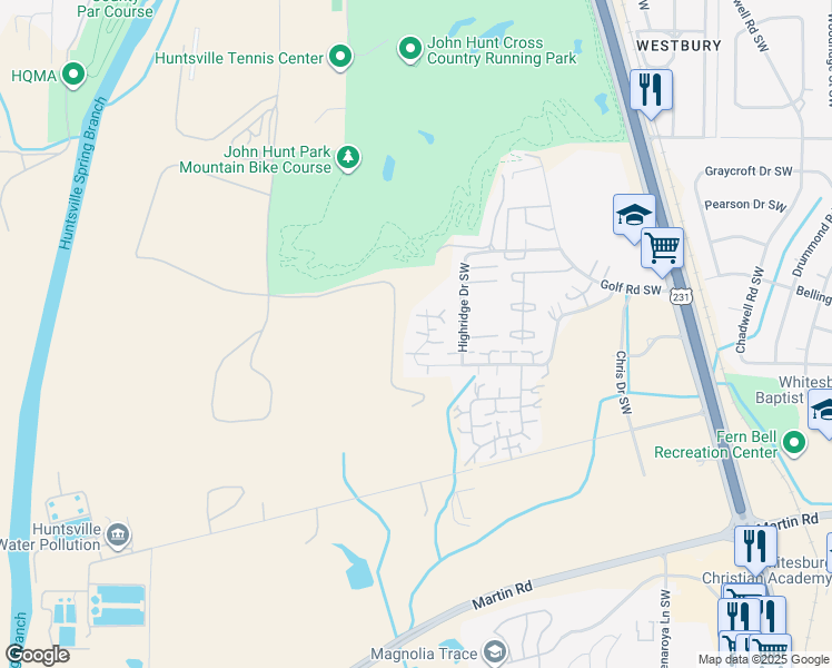 map of restaurants, bars, coffee shops, grocery stores, and more near 4016 Hunters Ridge Drive Southwest in Huntsville