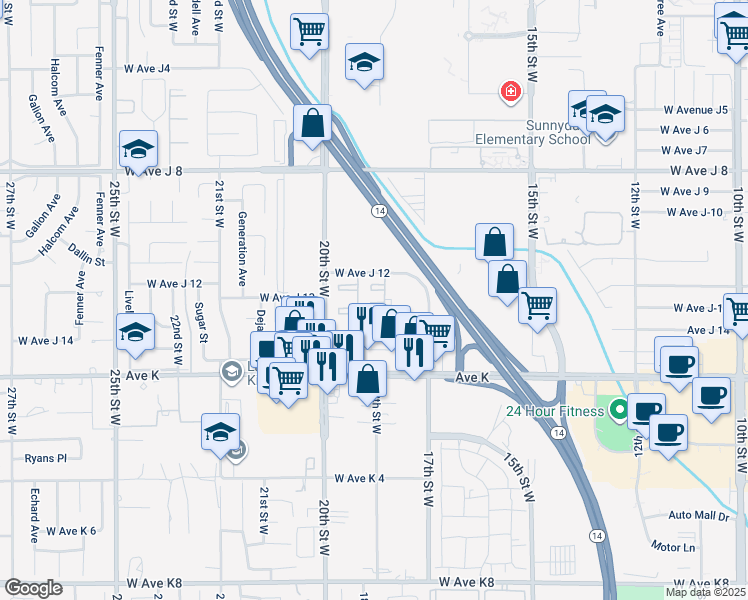 map of restaurants, bars, coffee shops, grocery stores, and more near 1800 West Avenue J 12 in Lancaster