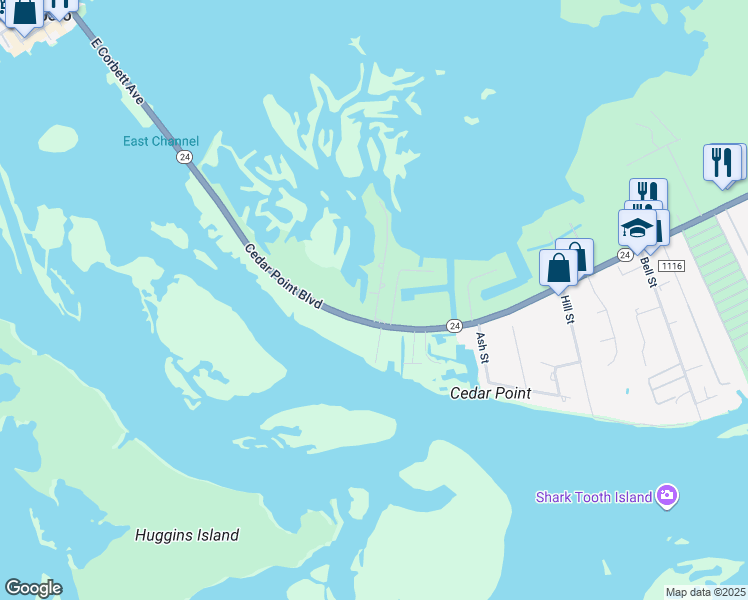 map of restaurants, bars, coffee shops, grocery stores, and more near 109 Cedar Lane in Cedar Point