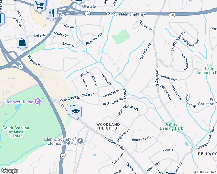 map of restaurants, bars, coffee shops, grocery stores, and more near 108 Pine Ridge Lane in Clemson