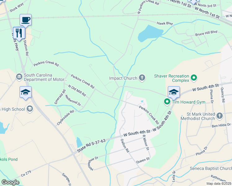 map of restaurants, bars, coffee shops, grocery stores, and more near 521 East Perkins Creek Road in Seneca