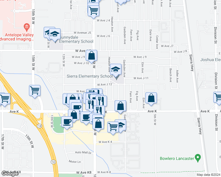map of restaurants, bars, coffee shops, grocery stores, and more near 43702 Higbee Avenue in Lancaster
