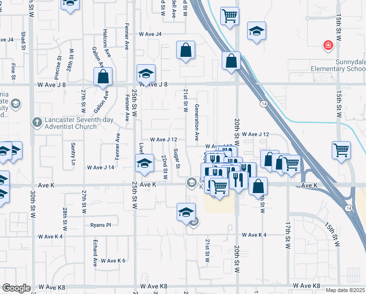 map of restaurants, bars, coffee shops, grocery stores, and more near 43727 21st Street West in Lancaster